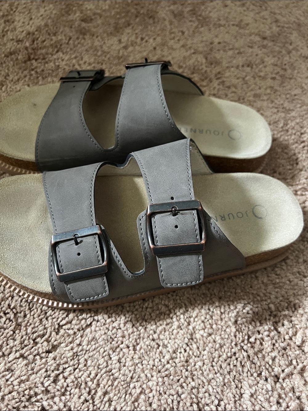 Gray Double-Buckle Slide Sandals